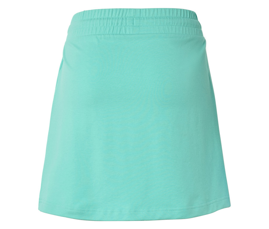 Vue arrière d'une jupe turquoise clair avec une ceinture élastique.