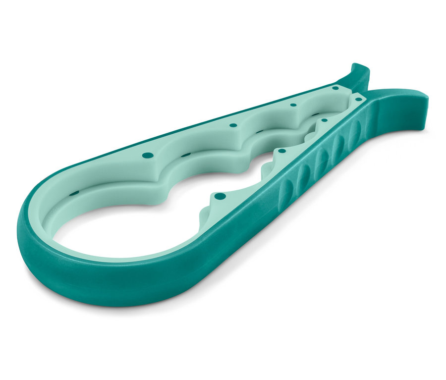 Ouvre-boîte multifonction turquoise sur fond blanc.