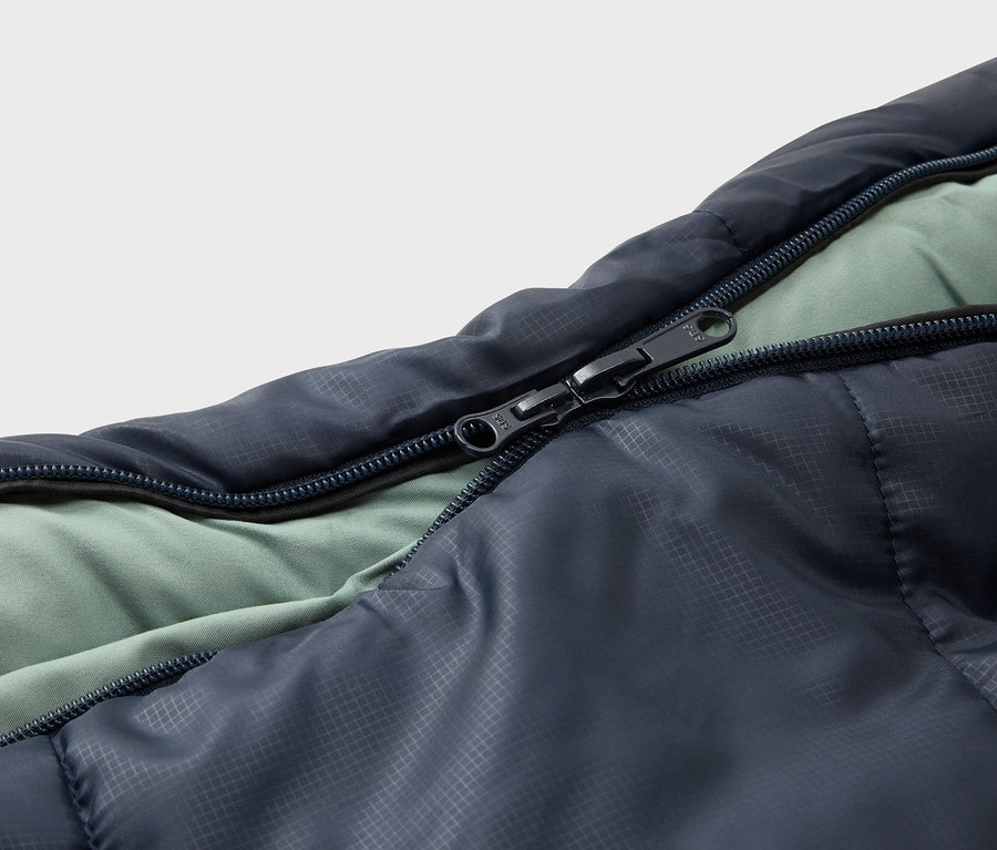 Gros plan d'un sac de couchage bleu marine ouvert avec une doublure vert clair et une fermeture éclair noire.