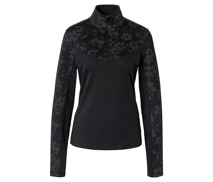 Haut noir à manches longues avec fermeture éclair et motif floral sur les manches et le haut.