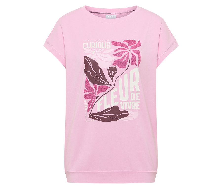 Le T-shirt à motif floral CECIL rose est posé sur un fond blanc.