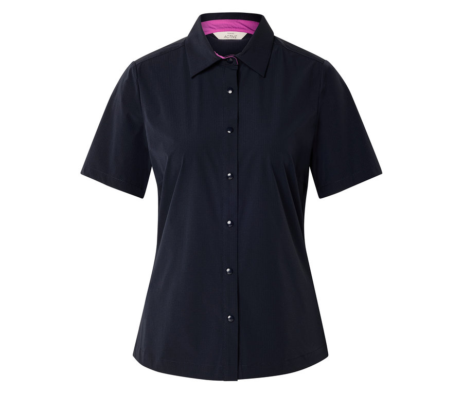 Chemise bleu marine à manches courtes avec col et boutons.