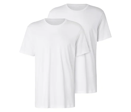 Deux t-shirts blancs sont placés l'un sur l'autre.