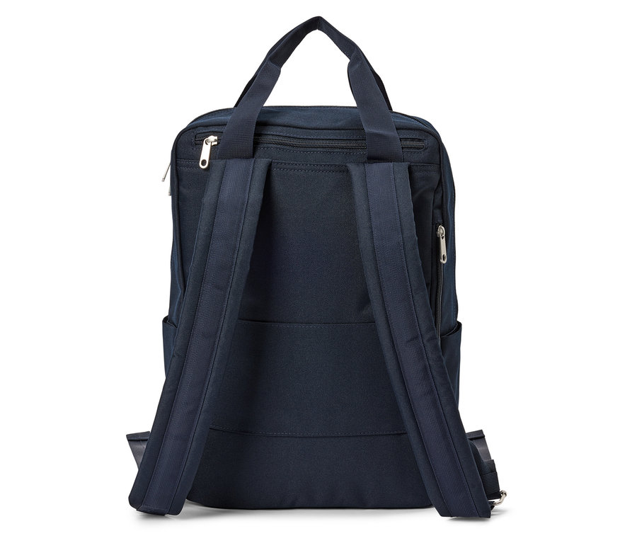 Sac à dos bleu vu de derrière avec des bretelles et une poignée.