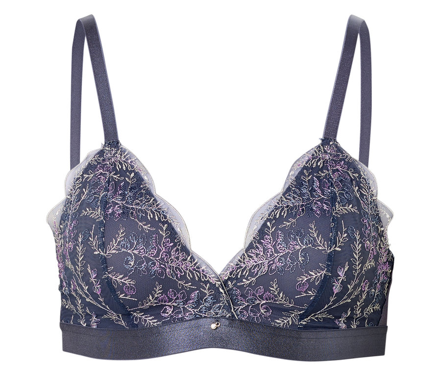 Soutien-gorge bleu marine avec broderie florale et bordures blanches.