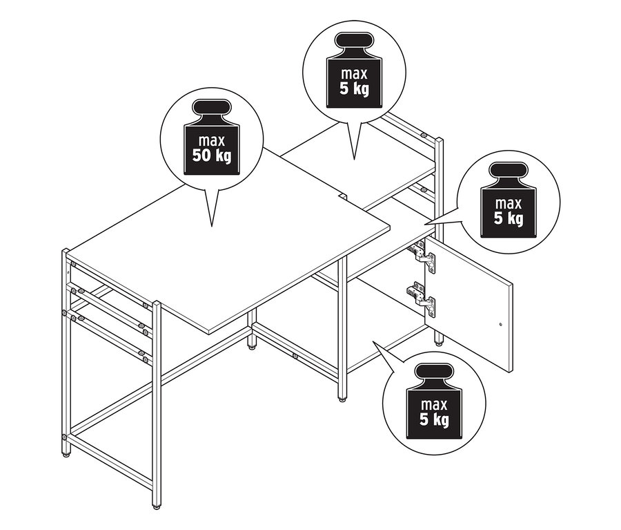 Illustration d'un bureau pour enfant « GRADE » réglable en hauteur avec indication du poids.
