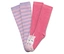 Deux paires de chaussettes hautes côte à côte, une rayée violet et rose, une rose avec un motif de licorne.