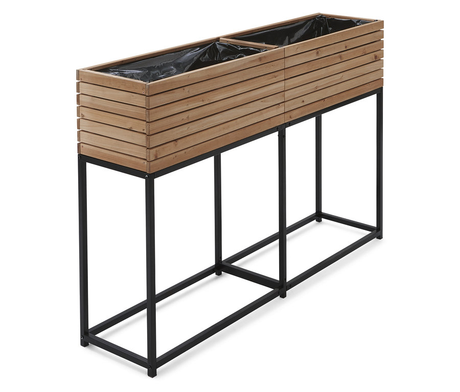 Double jardinières en bois sur un cadre en métal noir, doublées de plastique noir.