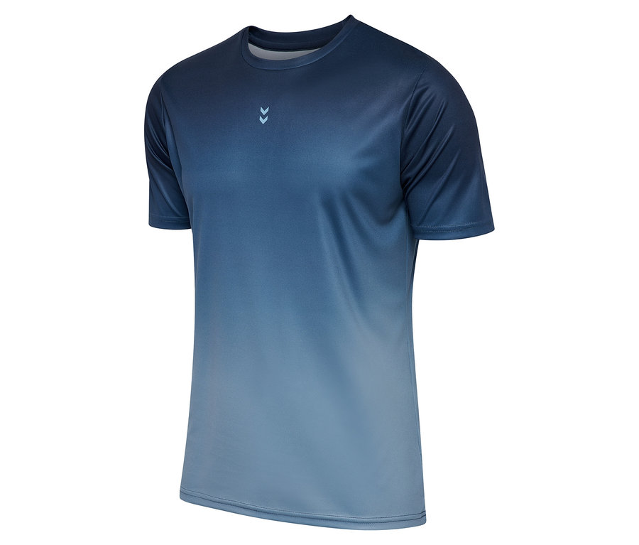 T-shirt fonctionnel HUMMEL bleu pour homme avec dégradé et logo.