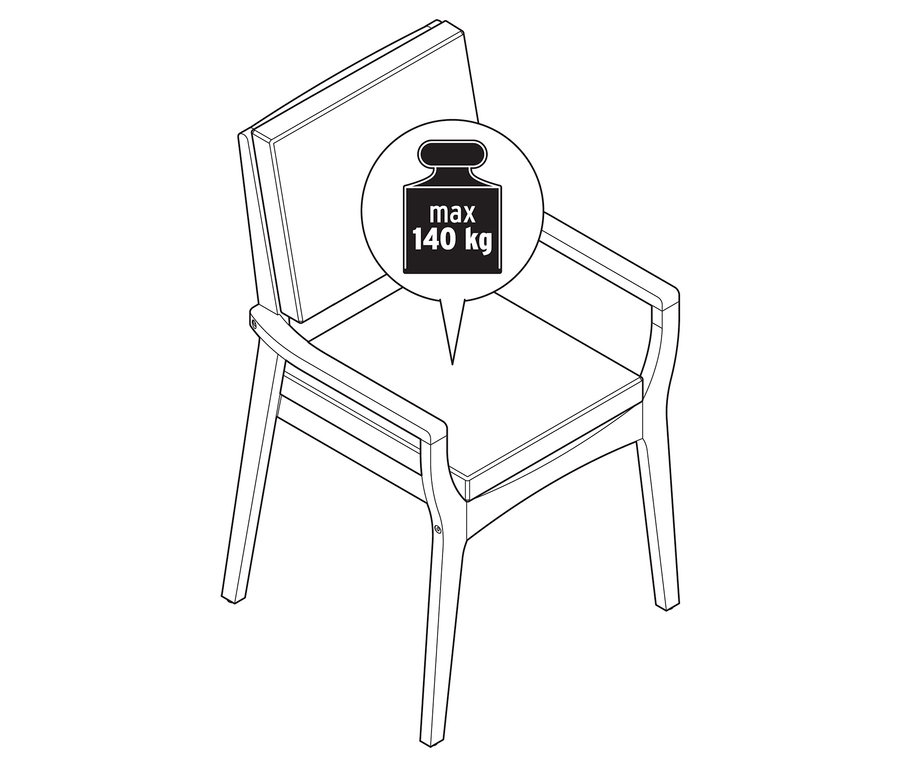 Vue de dessus d'une chaise de jardin empilable en teck schématisée avec indication du poids.