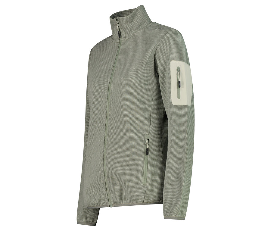 Veste polaire vert clair avec fermeture éclair et une poche sur la manche gauche.