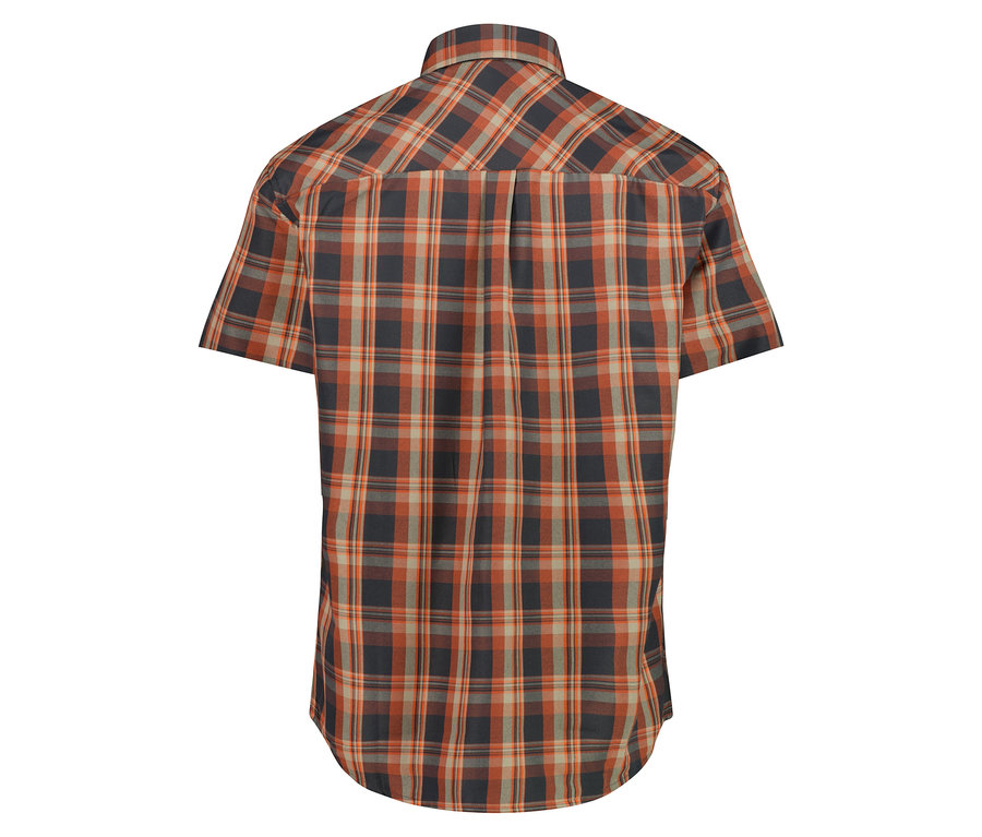 Vue arrière de la chemise à manches courtes pour homme CMP à carreaux orange, gris et noir.