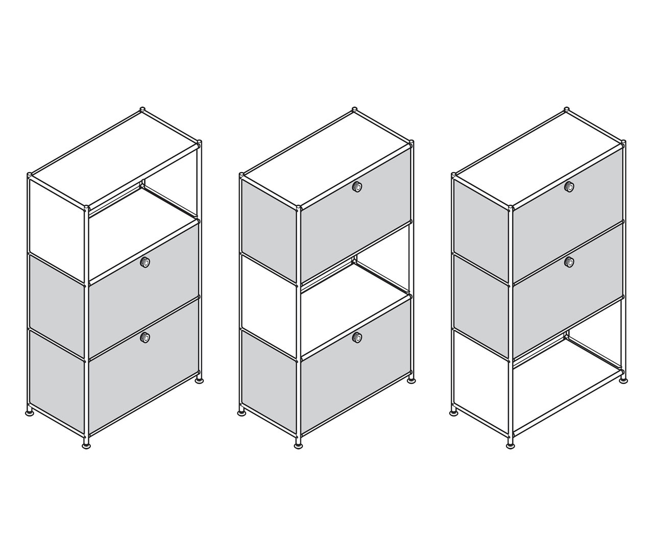 Trois commodes métalliques «
CN3
» à deux abattants sont présentées.