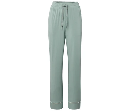 Pantalon de pyjama vert clair avec cordon de serrage et ourlet blanc.