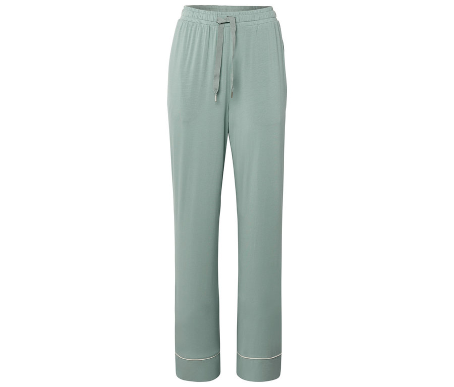 Pantalon de pyjama vert clair avec cordon de serrage et ourlet blanc.