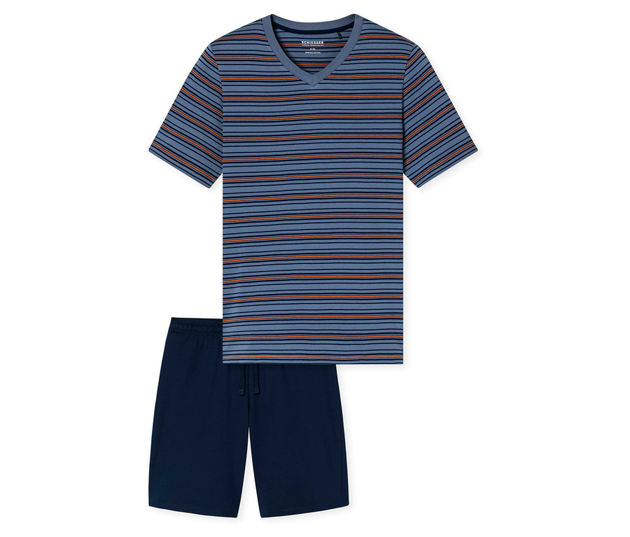 Set shorty SCHIESSER: un t-shirt bleu à rayures orange et bleu marine avec col en V et un short bleu marine.