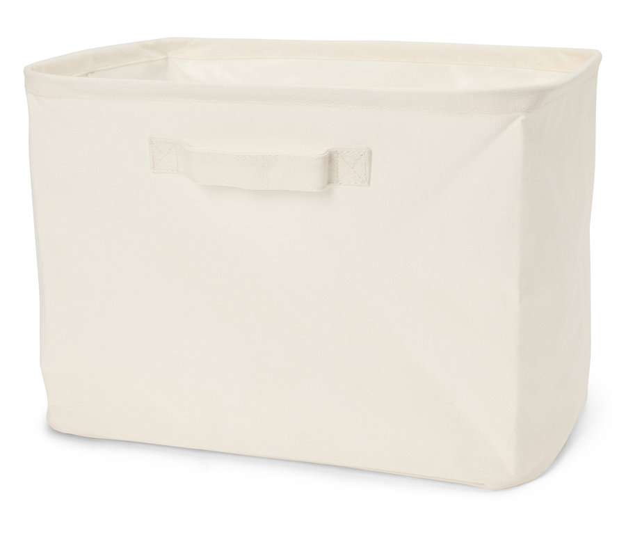 Un contenant de rangement vide en tissu crème rectangulaire avec deux poignées.
