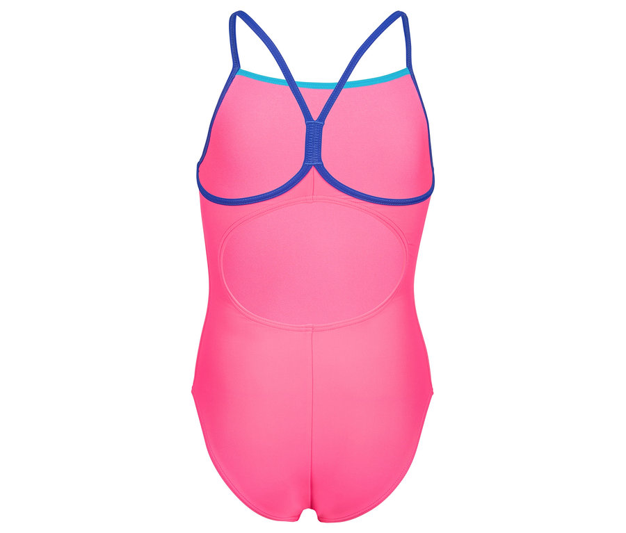 Vue arrière d'un maillot de bain rose avec des bretelles bleues.