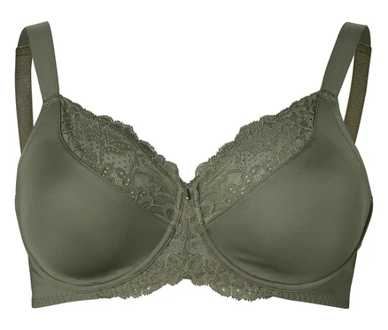 Soutien-gorge vert olive avec larges bretelles et dentelle sur les bonnets.