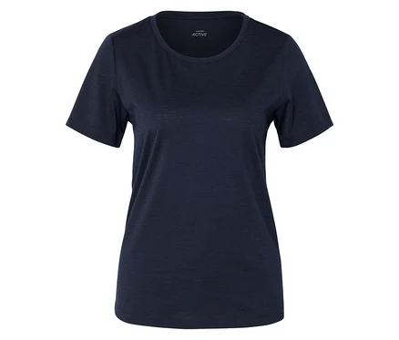 T-shirt bleu foncé à manches courtes et col rond sur fond blanc.