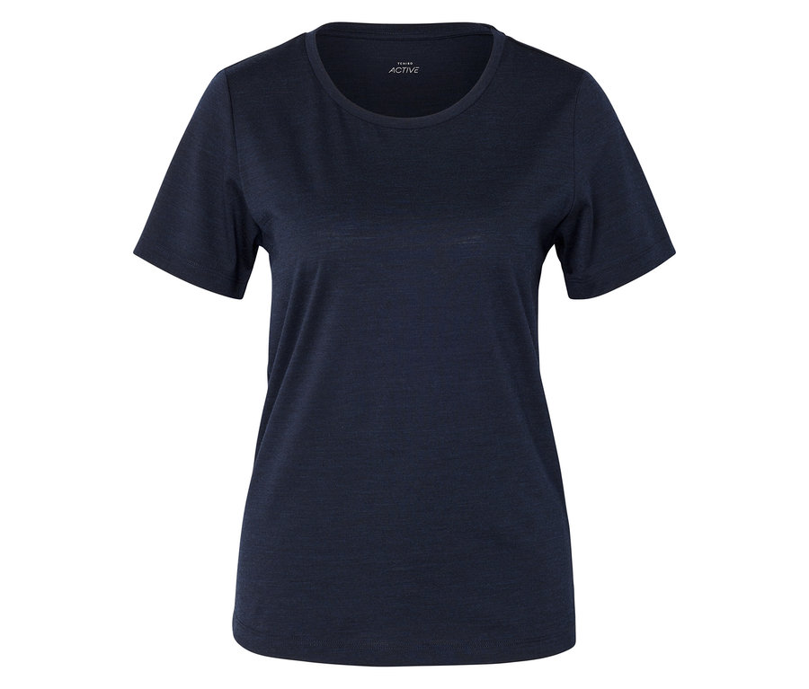 T-shirt bleu foncé à manches courtes et col rond sur fond blanc.