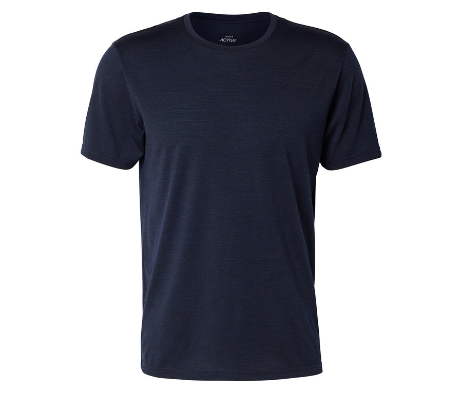 T-shirt bleu foncé à manches courtes avec un col rond et un tissu chiné. Une étiquette blanche "ACTIVE" est visible à l'intérieur du col.