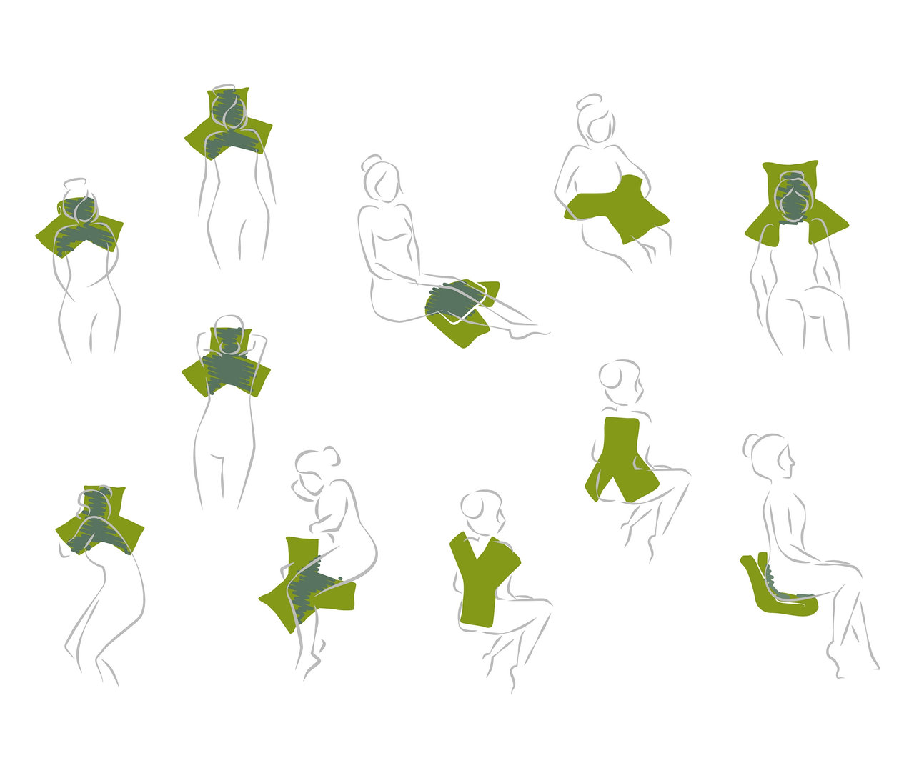 Des croquis montrent comment le coussin multifonction est utilisé pour différentes parties du corps.