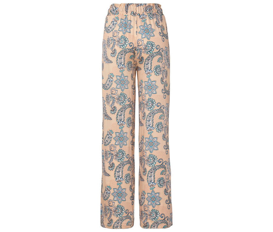 Pantalon beige avec motif cachemire bleu.