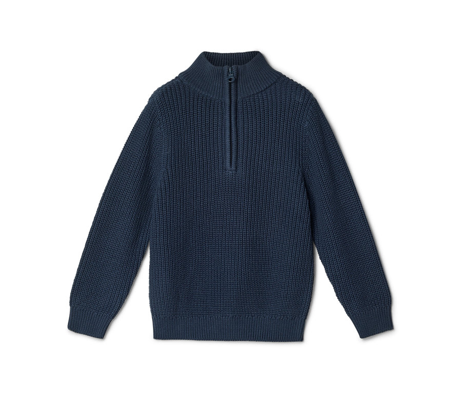 Pull en maille bleu marine avec col montant et demi-fermeture éclair.