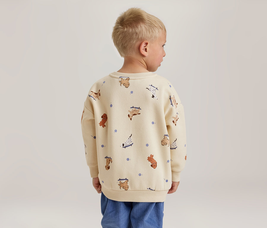 Jeune garçon vu de dos, portant un sweat-shirt crème à motif de chiens sur des skateboards et un pantalon en velours côtelé bleu.
