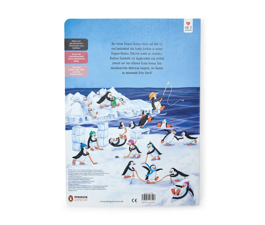 Dessin animé de pingouins sur la glace et dans l'eau. Gustav, avec un chapeau de paille, pêche depuis un bloc de glace dérivant. D'autres pingouins jouent au hockey, glissent et tirent une corde.