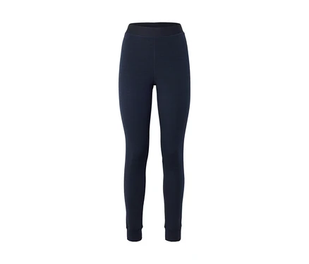 Legging moulant bleu foncé en tissu texturé avec une large ceinture élastique.