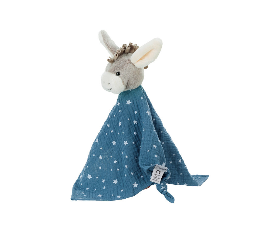 Doudou pour bébé avec une tête d'âne grise en peluche et une couverture bleue texturée à étoiles blanches.