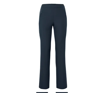 Pantalon bleu foncé à jambes droites avec des poches zippées obliques sur les côtés, sur fond blanc.