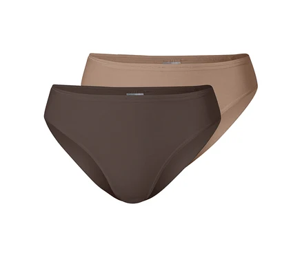 Deux culottes unies, une marron foncé devant et une beige clair derrière, se chevauchant.