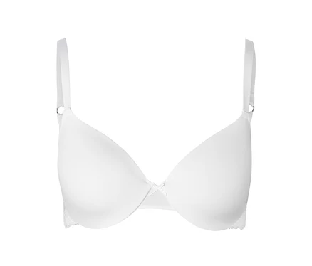 Soutien-gorge blanc à armatures avec de fines bretelles et un petit nœud au centre.
