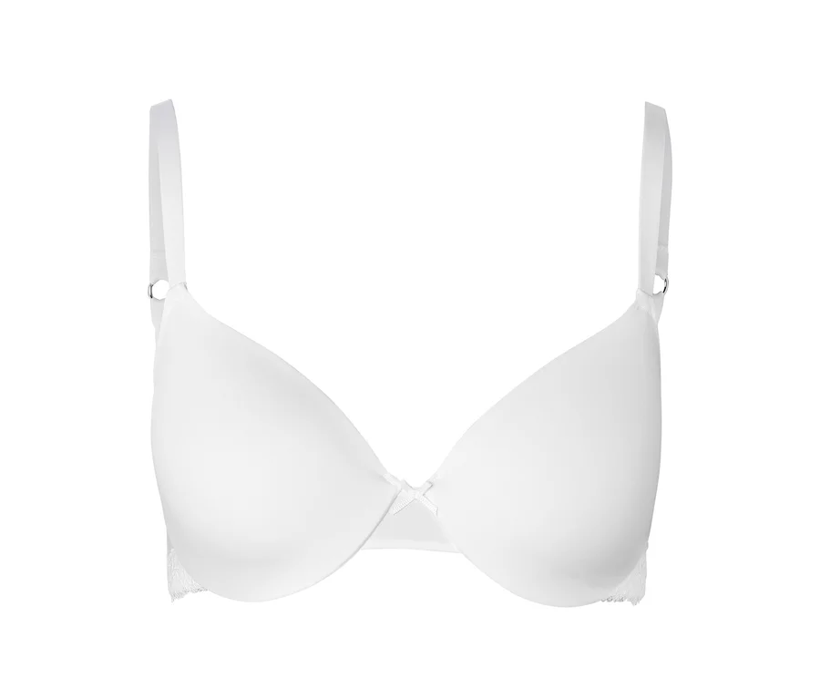 Soutien-gorge blanc à armatures avec de fines bretelles et un petit nœud au centre.