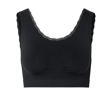 Soutien-gorge de sport noir avec bordure en dentelle à l'encolure et aux bretelles.