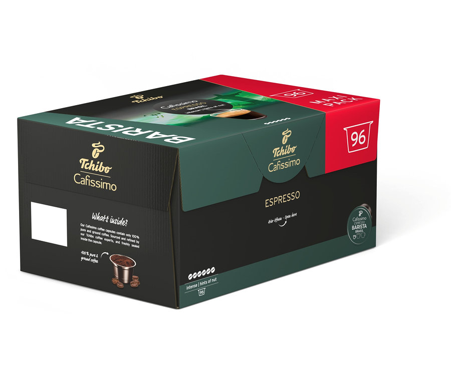 Un paquet de 96 capsules d'espresso Barista de Tchibo Cafissimo.