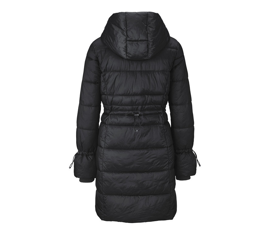 Manteau matelassé noir avec capuche, vu de dos.
