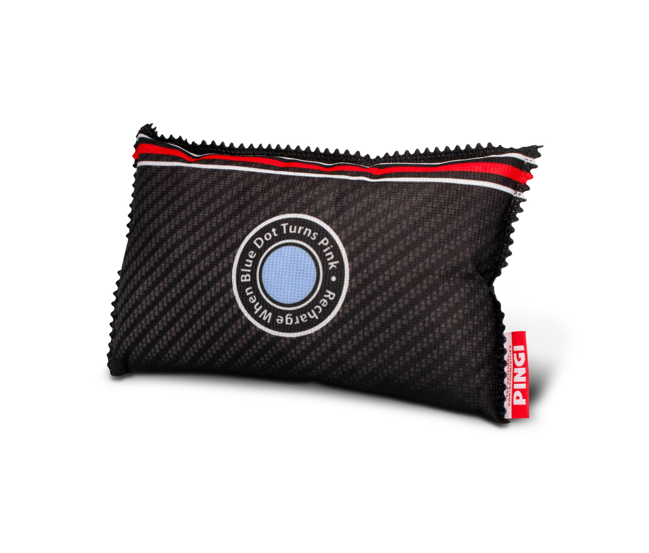 Un coussin déshumidificateur noir Pingi pour voiture avec un indicateur d'humidité bleu au centre.