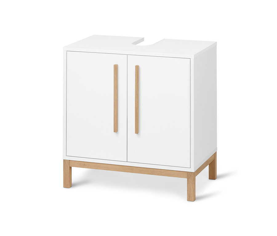 Meuble sous vasque « Eklund » blanc avec deux portes et pieds en bois clair.