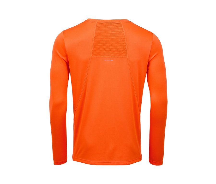 Vue détaillée de l'arrière d'un t-shirt fonctionnel orange à manches longues.