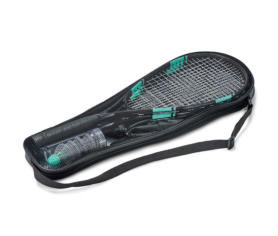 Kit de badminton turbo dans un sac noir avec deux raquettes et un tube de balles.