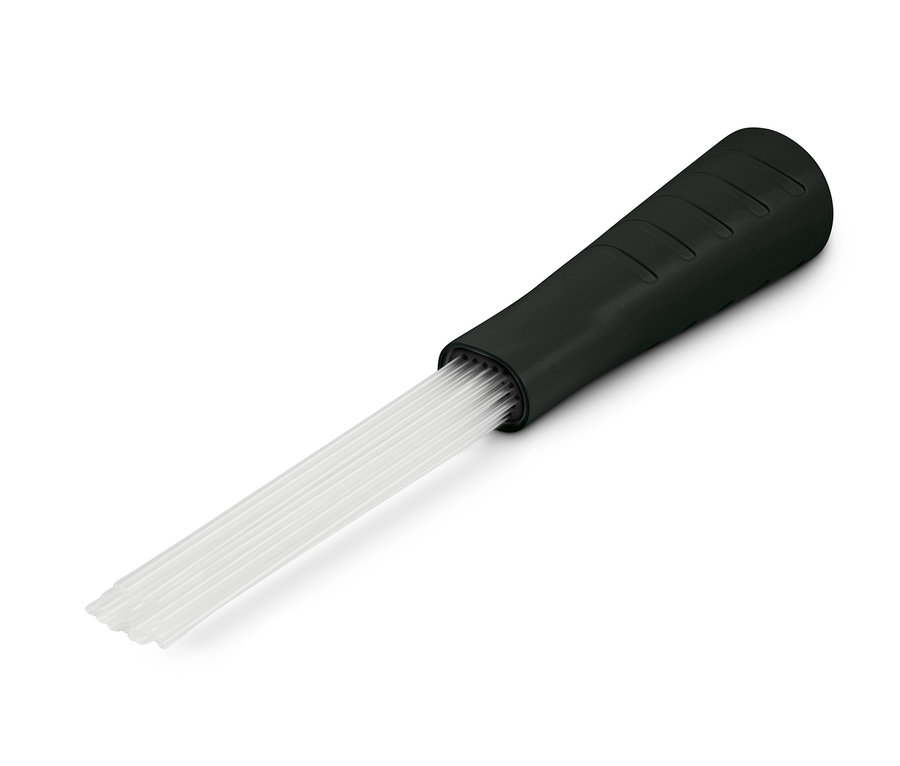 Embout d'aspirateur avec manche noir et poils blancs.