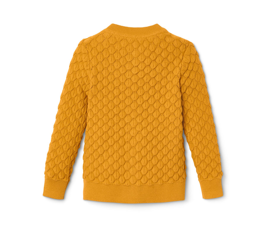 Jaquette en maille jaune à manches longues avec motif texturé.