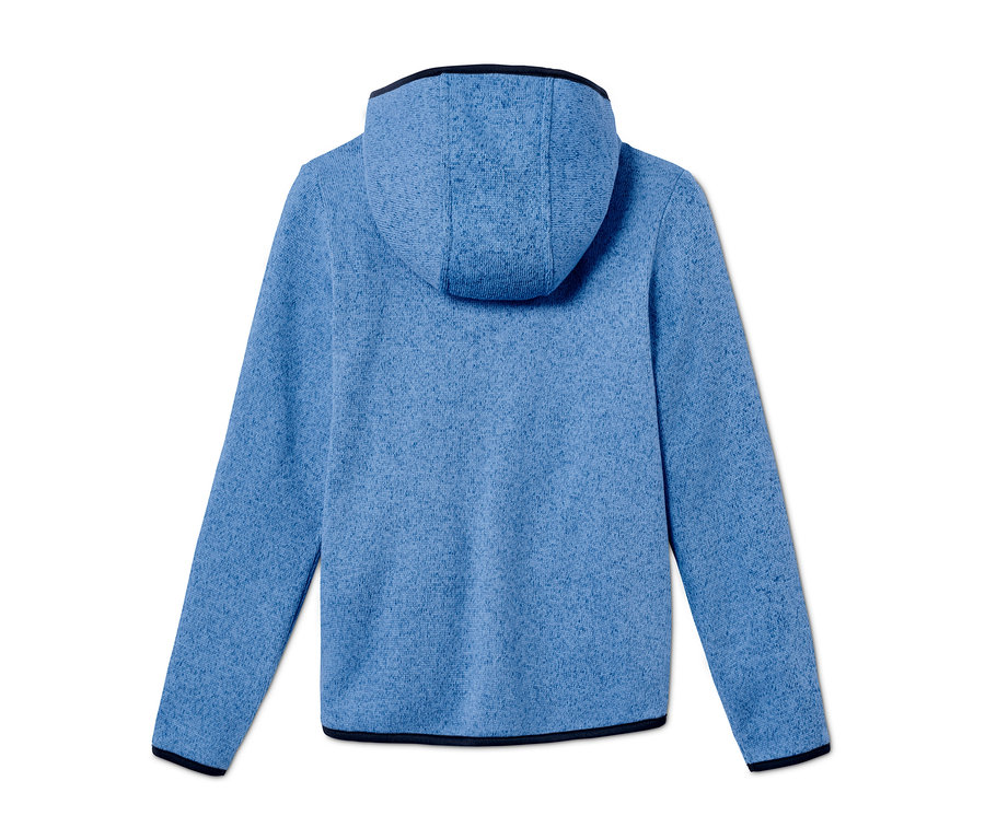 Vue arrière d'une veste en maille polaire bleu clair chiné avec capuche.