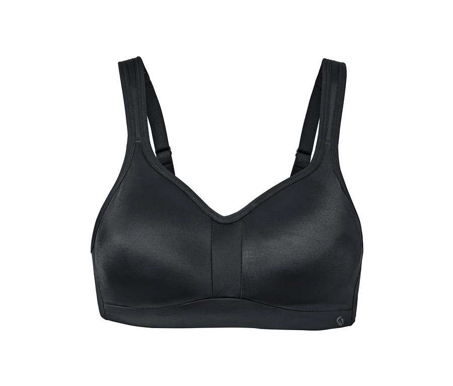Soutien-gorge de sport noir, très bon maintien, sur fond blanc.