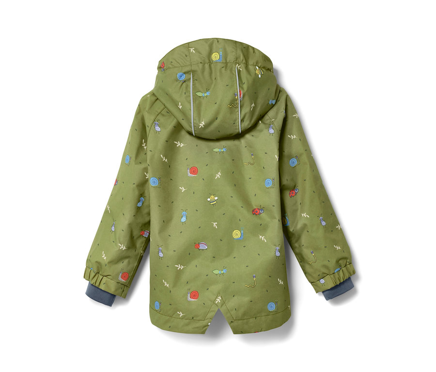 Vue arrière d'une veste de pluie verte pour enfant avec capuche et imprimé insecte.
