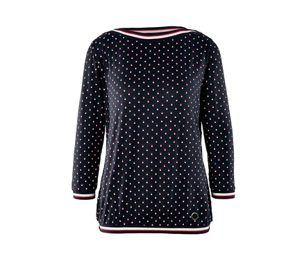 Blouse manches 3/4 avec un motif de fond bleu marine et des points rouges et blancs.